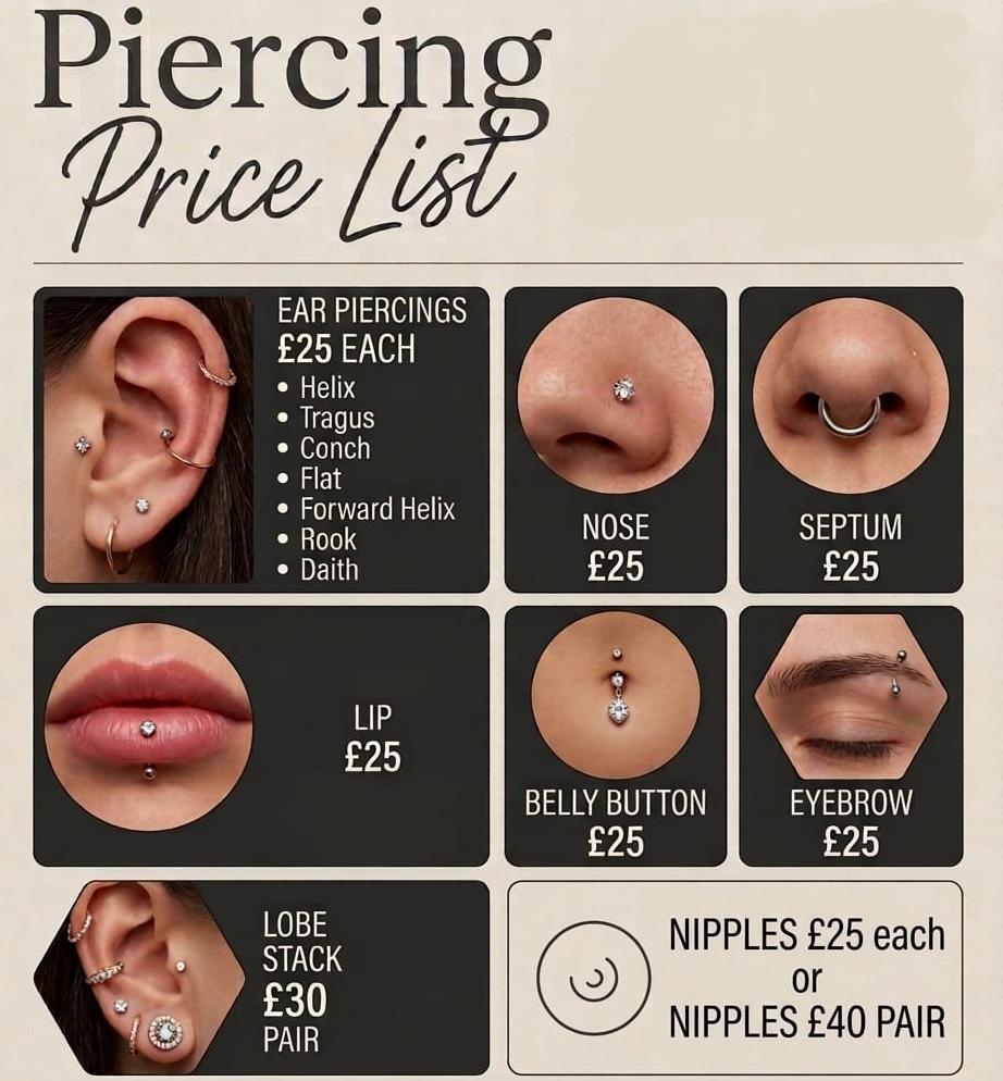 Manifest Tattoo piercing price list: ear piercings £25 each, nose, septum, lip, belly button and eyebrow £25, lobe stack £30 pair, nipples £25 each or £40 pair